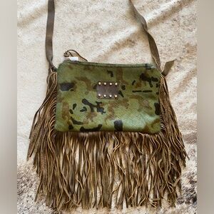 Repurposed Fringe Camouflage Crossbody Bag